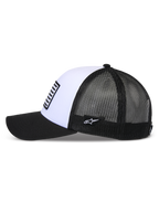 Alpinestars Flag Snapback Hat, White and Black, side profile view, featuring a curved black bill, structured white front panel with a flag-style patch, and a breathable black mesh back.