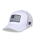Alpinestars Flag Snapback Hat, White Trucker Cap, structured crown with curved bill, white mesh back panels, featuring a front black and white striped patch with logo, casual motorsport-inspired headwear