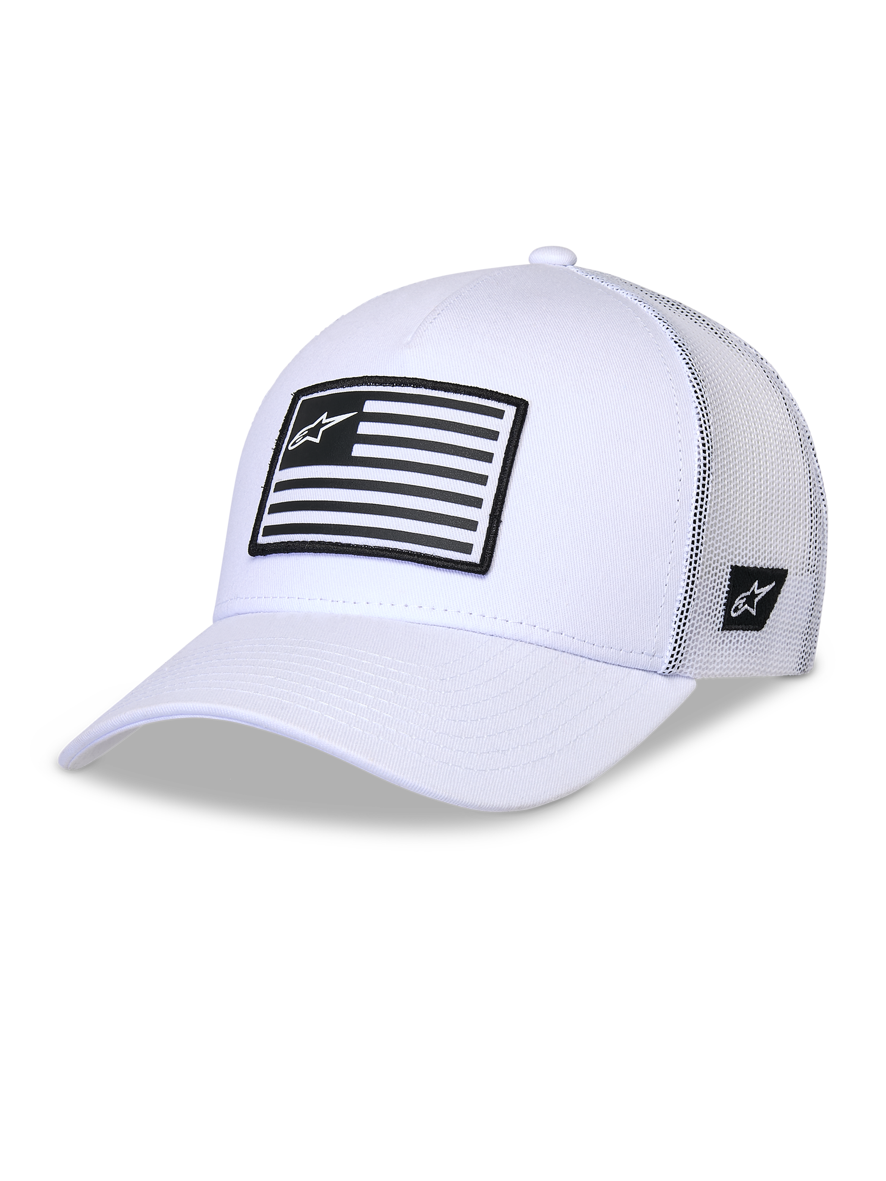 Alpinestars Flag Snapback-keps, vit trucker-keps, strukturerad krona med böjd skärm, vita meshpaneler baktill, med en svart och vit randig patch med logotyp framtill, avslappnad motorsportinspirerad huvudbonad