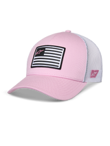 Alpinestars Flag Snapback-keps, rosa och vit, böjd skärm med strukturerad krona, twill-framsida med vit mesh-baksida, med ett svartvitt flaggmärke med rosa Astars-logotyp, avslappnad motorsport-inspirerad sportswear