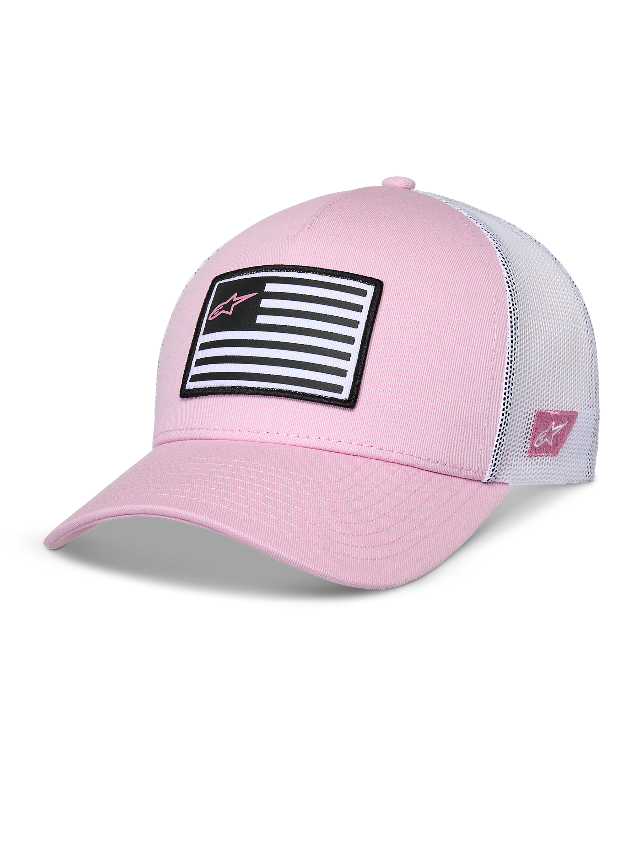 Alpinestars Flag Snapback-keps, rosa och vit, böjd skärm med strukturerad krona, twill-framsida med vit mesh-baksida, med ett svartvitt flaggmärke med rosa Astars-logotyp, avslappnad motorsport-inspirerad sportswear