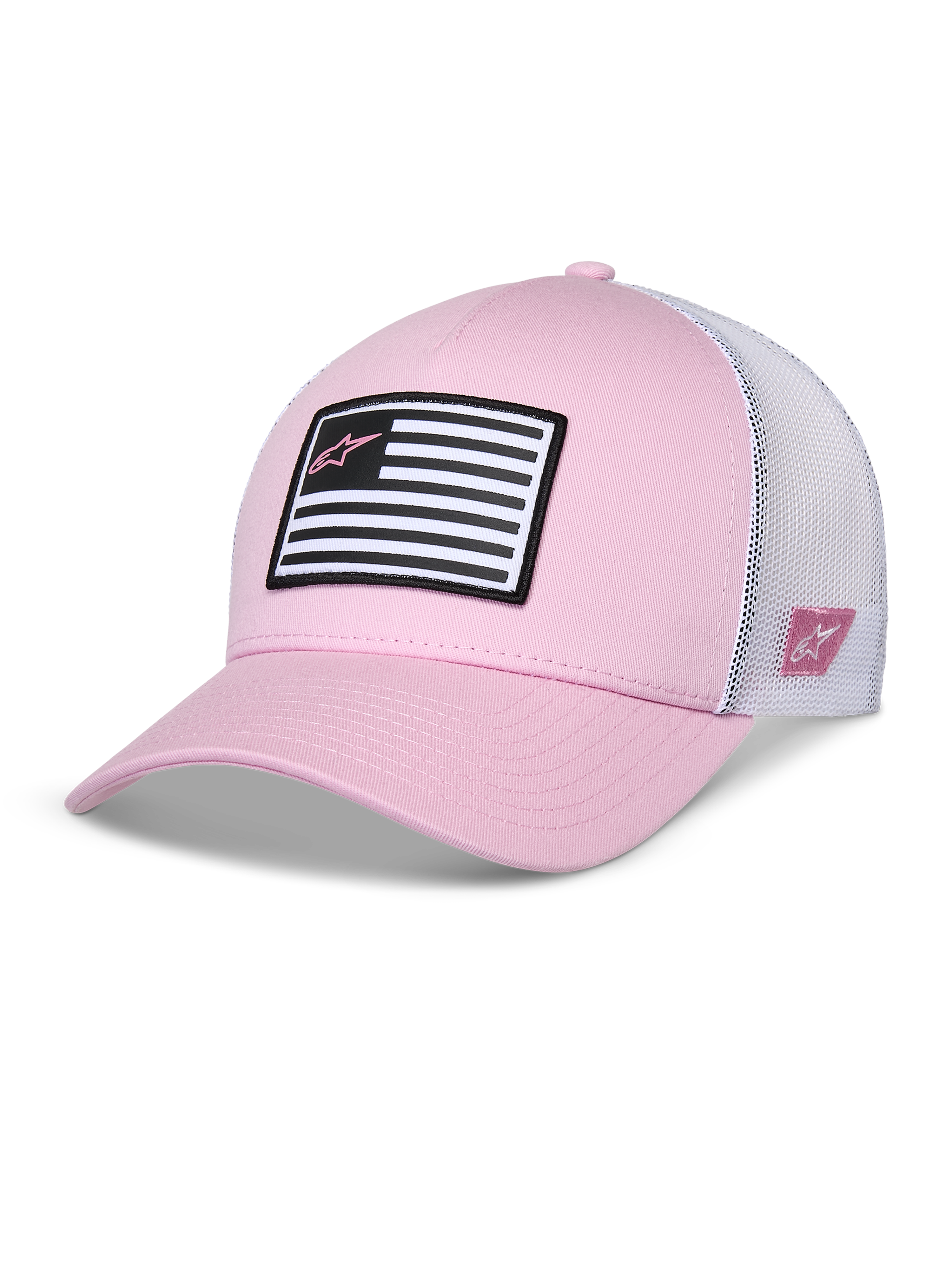 Alpinestars Flag Snapback-keps, rosa och vit, böjd skärm med strukturerad krona, twill-framsida med vit mesh-baksida, med ett svartvitt flaggmärke med rosa Astars-logotyp, avslappnad motorsport-inspirerad sportswear