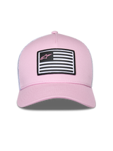 Alpinestars Flag Snapback keps, rosa och vit, med rosa twill-framsida och vitt mesh-bakstycke, böjd skärm, märke framtill med flaggdesign och rosa Astars-logotyp, casual motorsport streetwear
