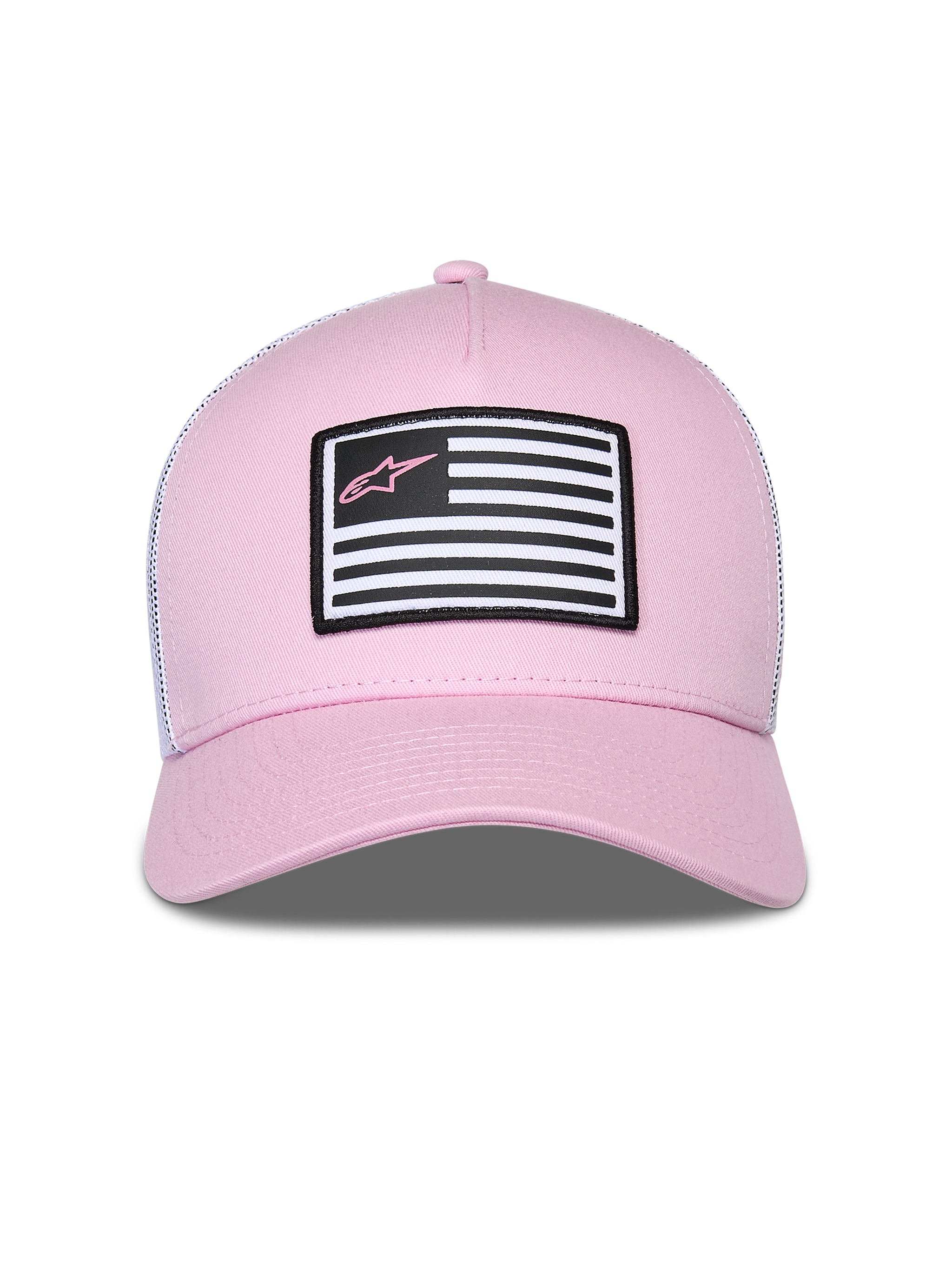 Alpinestars Flag Snapback keps, rosa och vit, med rosa twill-framsida och vitt mesh-bakstycke, böjd skärm, märke framtill med flaggdesign och rosa Astars-logotyp, casual motorsport streetwear