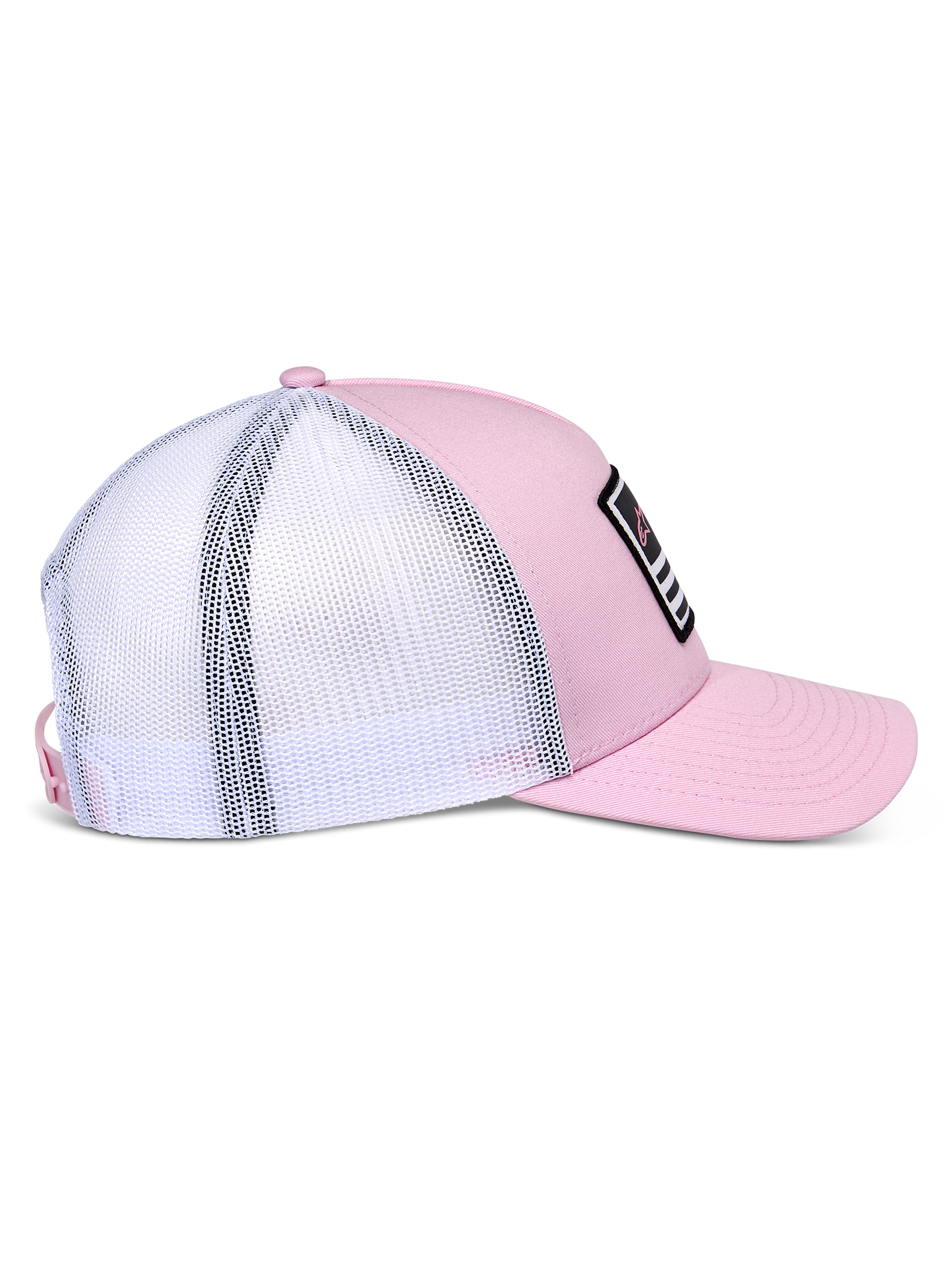 Alpinestars Flag Snapback-keps, rosa och vit, sidovy som visar rosa twill-framsida och vit mesh-baksida, böjd skärm, strukturerad krona, svart märke med vita och rosa detaljer, vardaglig motorsportinspirerad huvudbonad