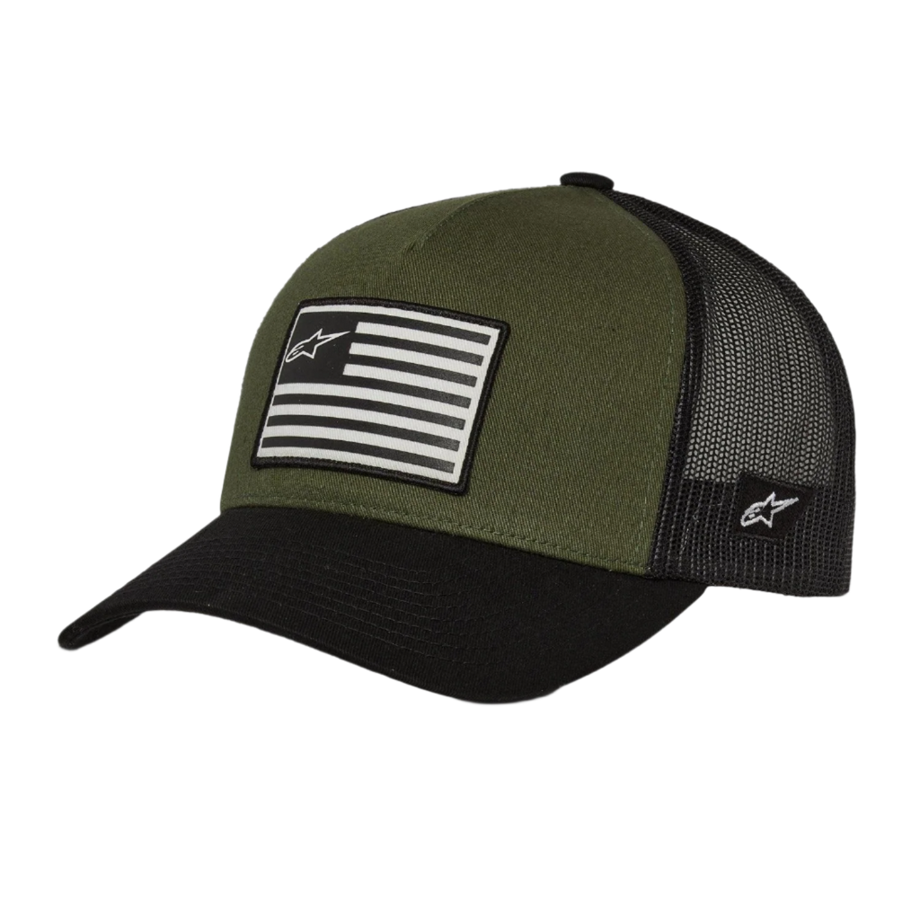 Alpinestars Flag Snapback Hat, Military Black, olivgrön krona med svart böjd skärm och mesh-baksida, tryckt flaggpatch med logotyp framtill, avslappnad sportswear-design