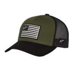 Alpinestars Flag Snapback Hat, Military Black, olivgrön krona med svart böjd skärm och mesh-baksida, tryckt flaggpatch med logotyp framtill, avslappnad sportswear-design