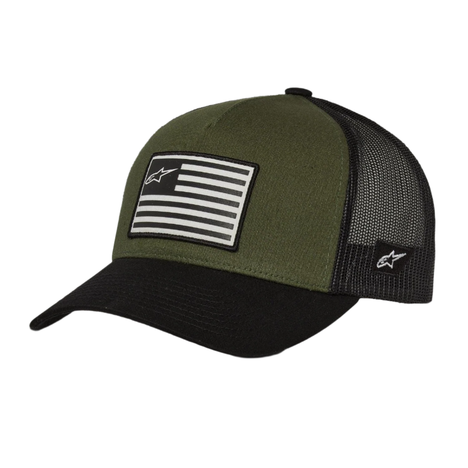Alpinestars Flag Snapback Hat, Military Black, olivgrön krona med svart böjd skärm och mesh-baksida, tryckt flaggpatch med logotyp framtill, avslappnad sportswear-design