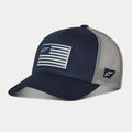 Alpinestars Flag Snapback Hat, Navy and Grey, curved bill with structured crown, front printed flag patch and side embroidered logo, mesh back for breathability, casual motorsport-inspired headwear