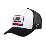Alpinestars Cali 2.0 Hat, White and Black Trucker Cap, curved bill with structured crown, California bear woven patch with Alpinestars branding, black poly mesh back, casual motorsport style
