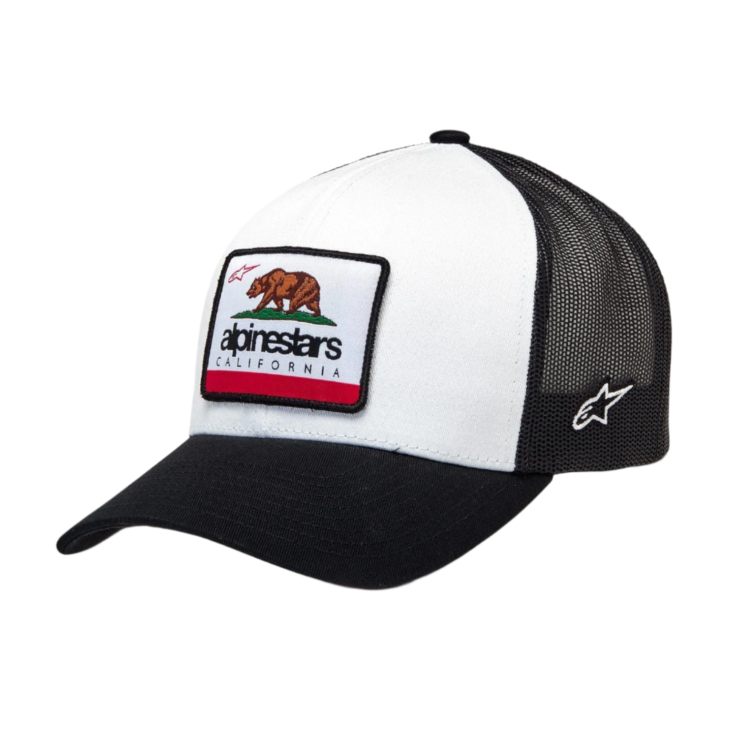 Alpinestars Cali 2.0 keps, vit och svart trucker-keps, böjd skärm med strukturerad krona, vävt tygmärke med en Kalifornien-björn och Alpinestars-logotyp, svart meshbaksida, avslappnad motorsportstil