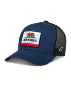 Alpinestars Cali 2.0 Hat, Navy Blue and Black Trucker Cap, featuring a large California Bear Patch with Alpinestars logo, curved brim, breathable black mesh back, casual motorsport headwear