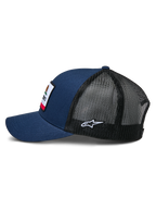 Alpinestars Cali 2.0 Hat, Navy Blue and Black, side profile view, twill front with woven merrow patch, black poly mesh back with white embroidered star logo, curved bill, casual motorsport-inspired headwear