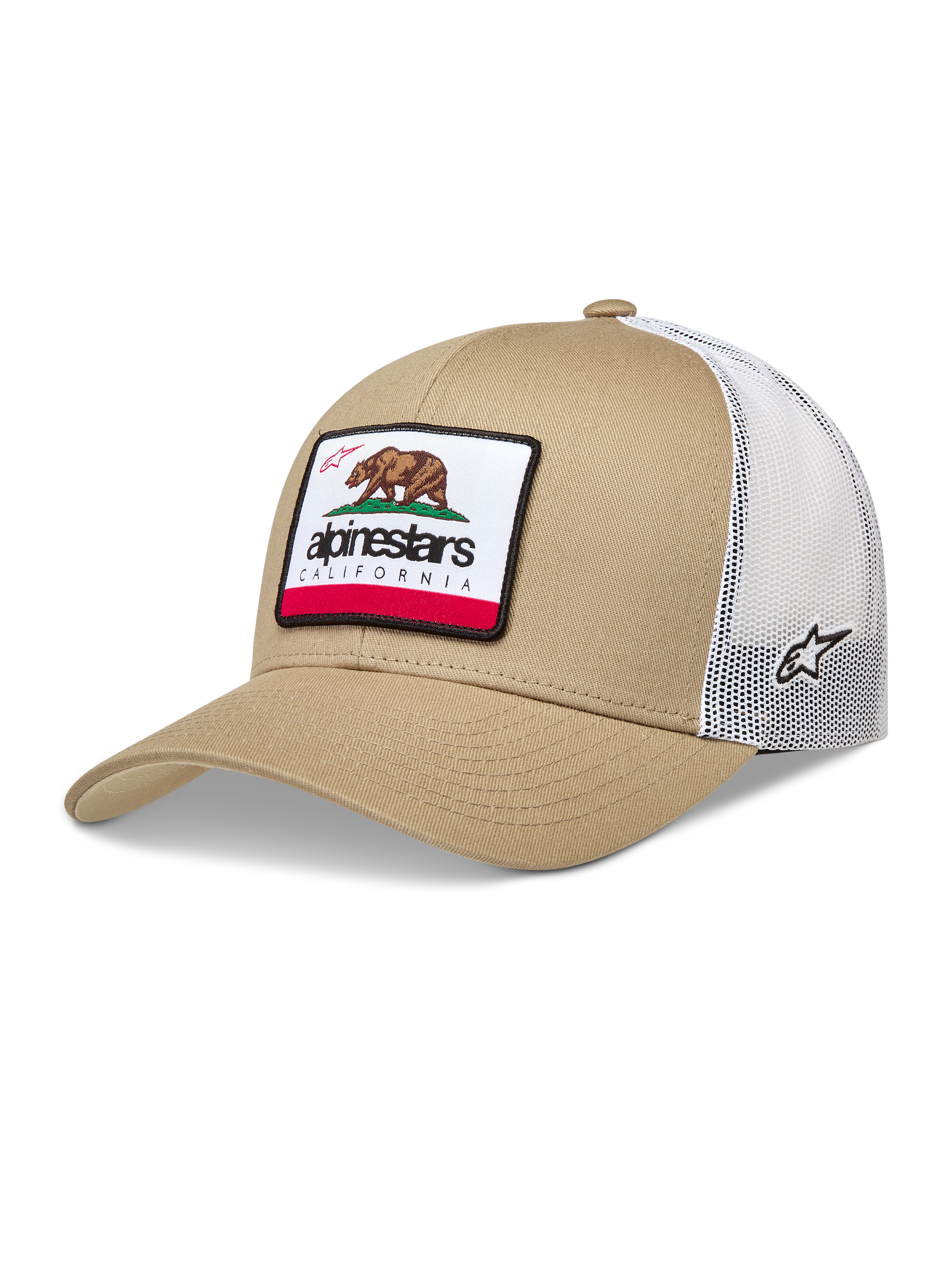 Alpinestars Cali 2.0 Hatt, truckerkeps i sand och vitt med nätbaksida och vävt California-björnmärke.