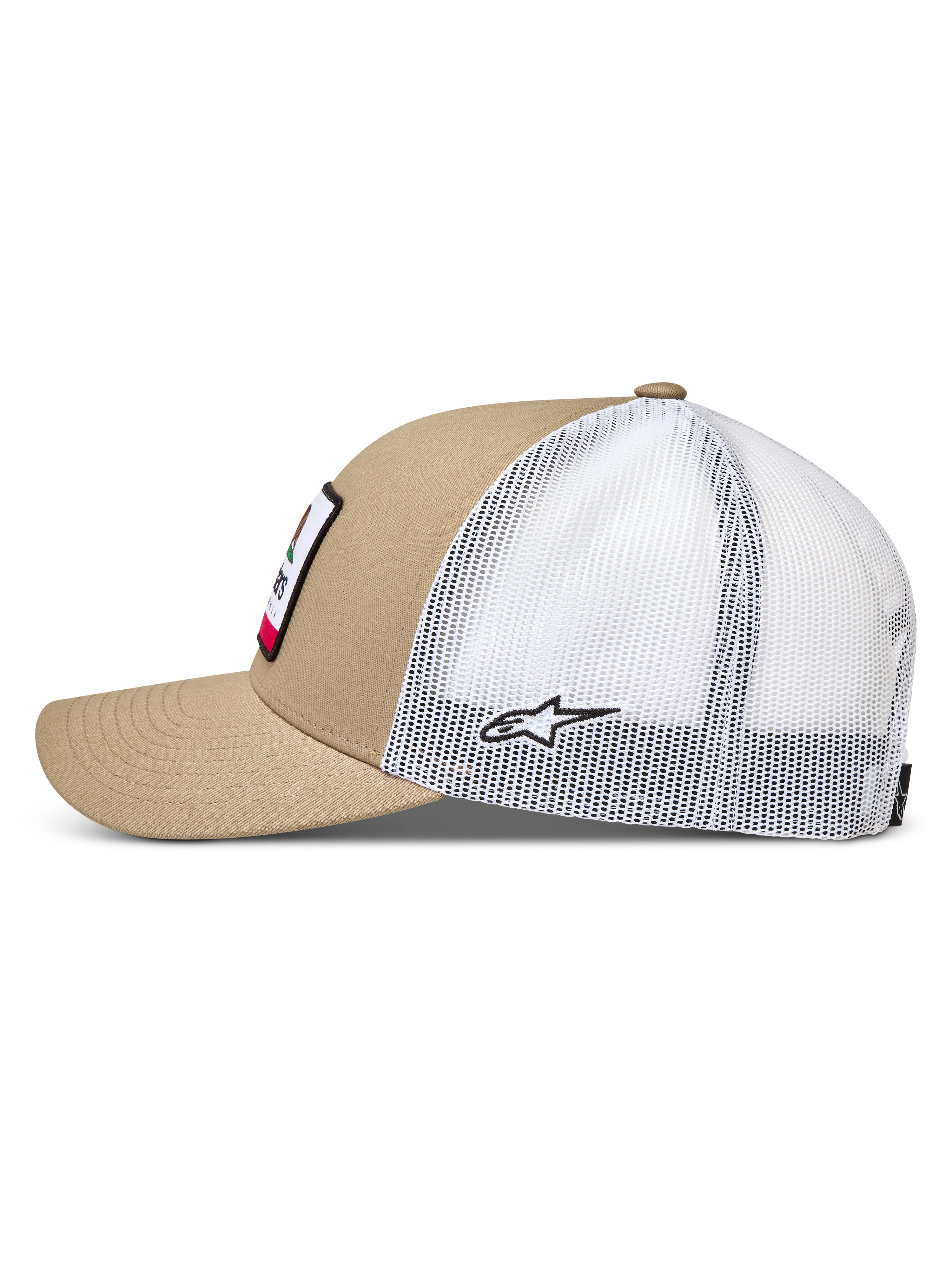 Alpinestars Cali 2.0 Hat, Sportswear Trucker Cap, Sand and White, featuring a Mesh Back, Curved Bill, and Twill Front.