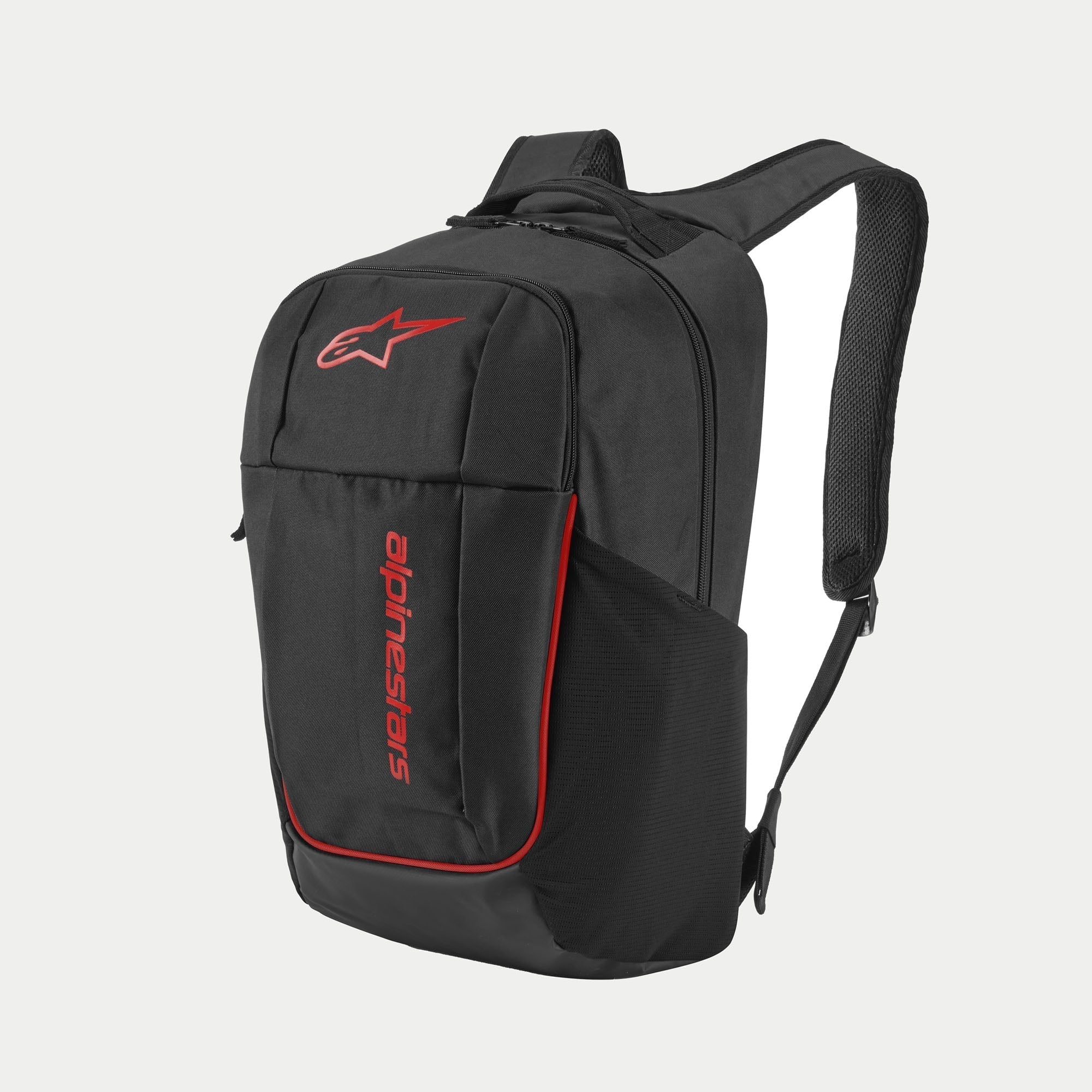 Alpinestars GFX V2 Ryggsäck, svart och röd, mellanstor sportswear-ryggsäck med röd Astars-logotyp och vertikalt varumärkestryck, sidoficka i mesh för vattenflaska och vadderade axelremmar i luftmesh
