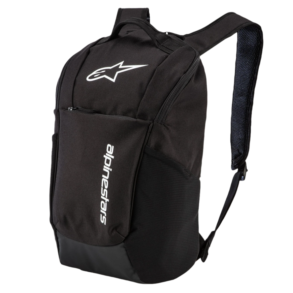 Alpinestars Defcon V2 ryggsäck, svart, liten vardagsryggsäck med vit tryckt logotyp och vertikalt tryck, sidofickor i mesh och axelremmar i airmesh, hållbar design i 600D polyester