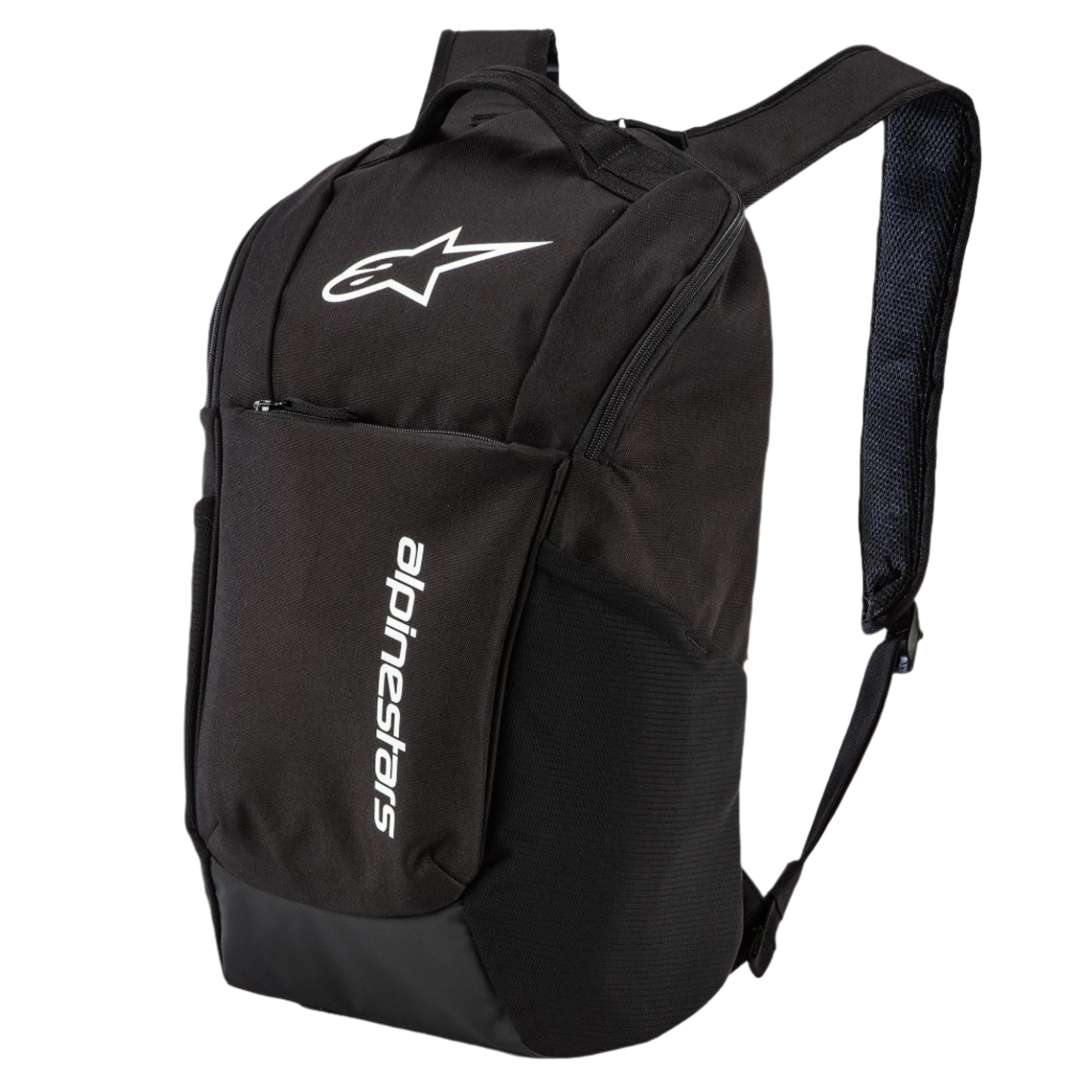 Alpinestars Defcon V2 ryggsäck, svart, liten vardagsryggsäck med vit tryckt logotyp och vertikalt tryck, sidofickor i mesh och axelremmar i airmesh, hållbar design i 600D polyester