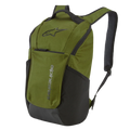 Alpinestars Defcon V2 Backpack, Sportswear Backpack, Military Green with black accents, featuring the Astar logo and vertical branding, mesh side pockets, and padded airmesh shoulder straps