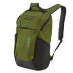 Alpinestars Defcon V2 Backpack, Sportswear Backpack, Military Green with black accents, featuring the Astar logo and vertical branding, mesh side pockets, and padded airmesh shoulder straps