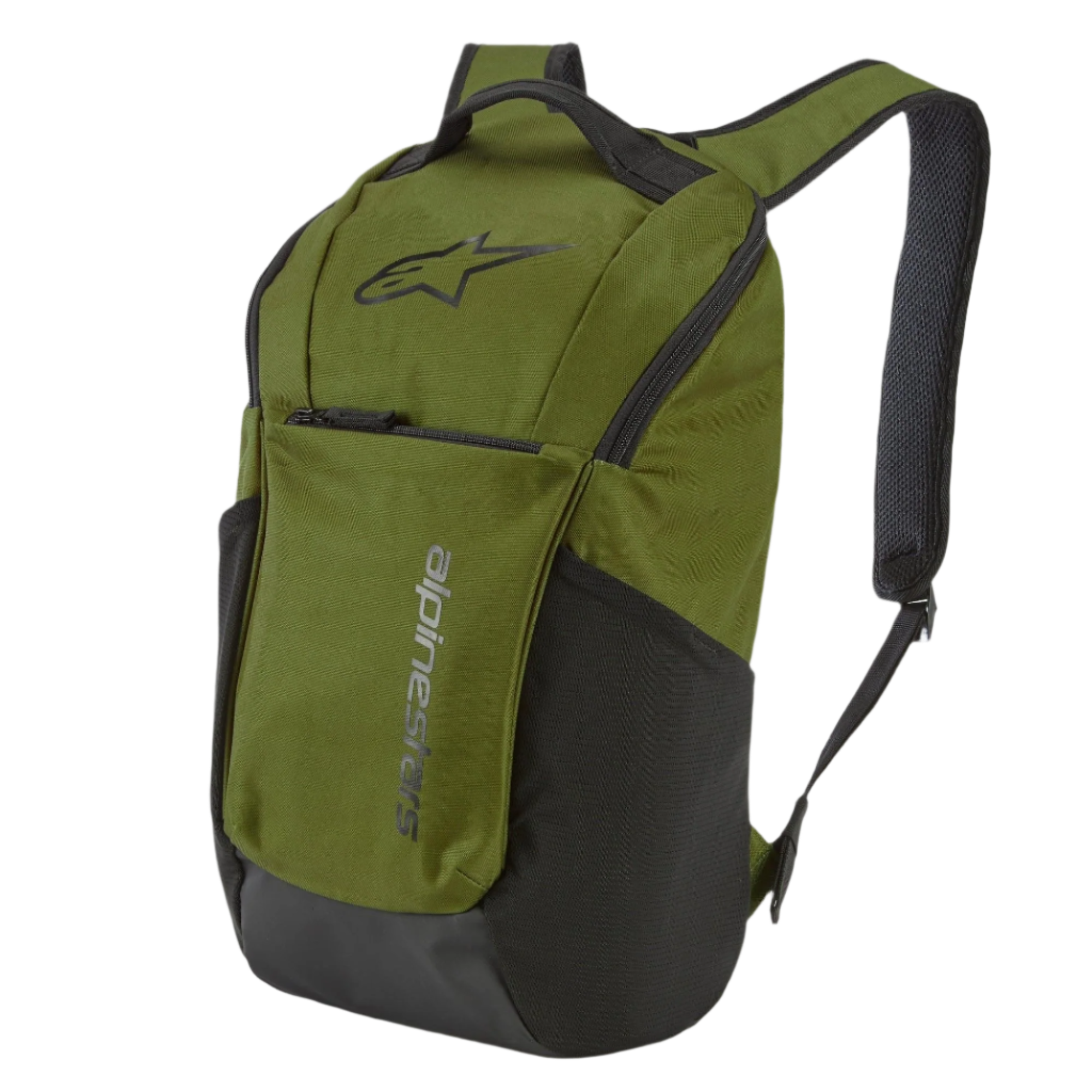 Alpinestars Defcon V2 ryggsäck, sportryggsäck, militärgrön med svarta detaljer, med Astar-logotyp och vertikal logotyp, sidofickor i mesh och vadderade axelremmar i airmesh