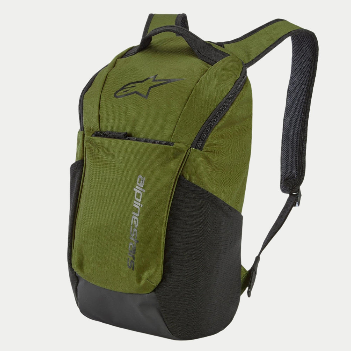 Alpinestars Defcon V2 Ryggsäck, militärgrön, kompakt ryggsäck för dagligt bruk med svart logotyp, kontrastpaneler, dragkedjeförsedd ficka fram, sidofickor i mesh och luftgenomsläppliga axelremmar