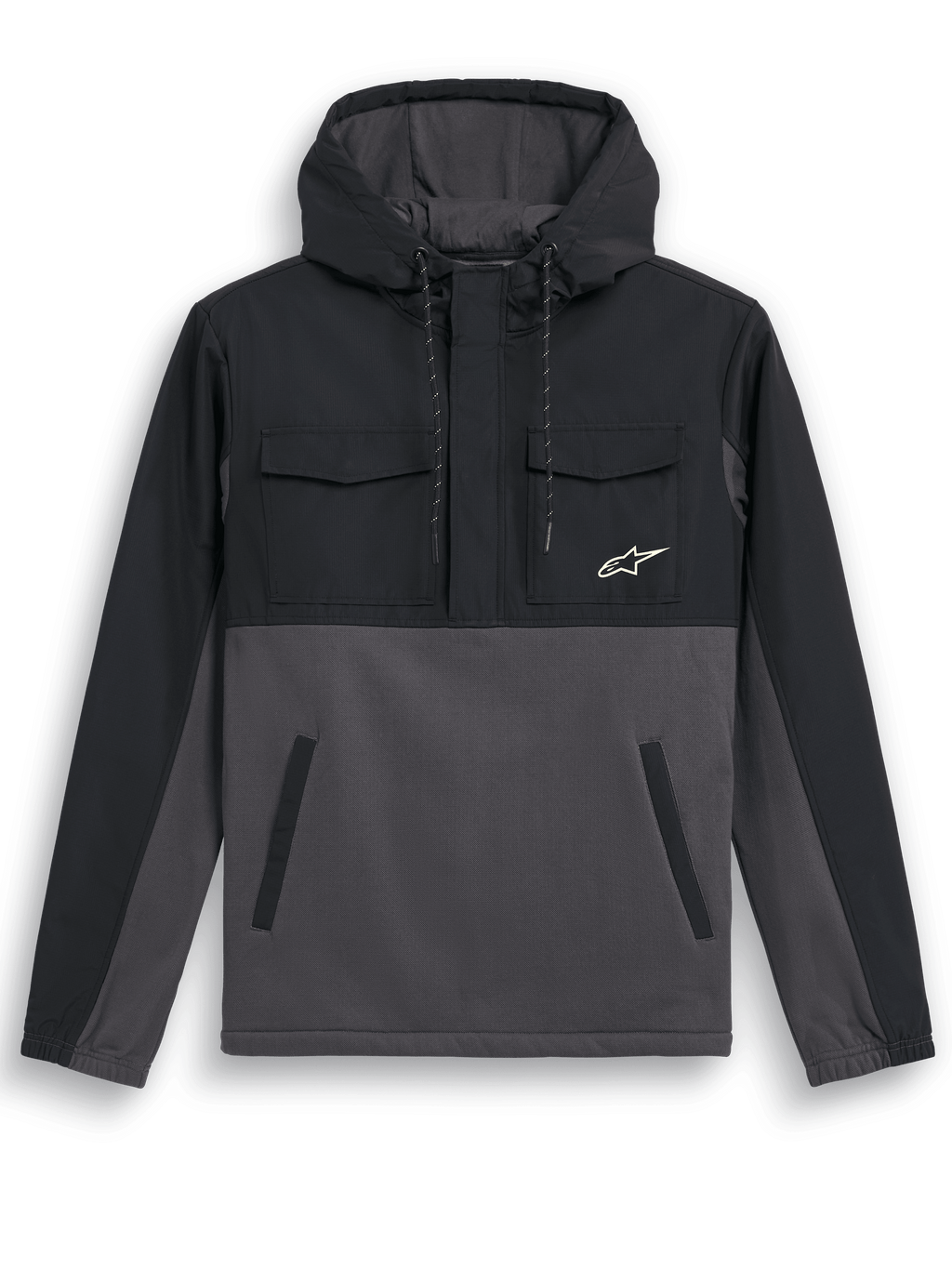 Alpinestars Juncture Hybrid-jacka, anorak-hoodie, Black Gunmetal, design i blandat material med ripstop-överdrag på ok och huva, canvasfleece-kropp, bröstfickor med klaff, nedre handfickor med kant, liten vit stjärnlogotyp, vardaglig motorsport-inspirerad jacka