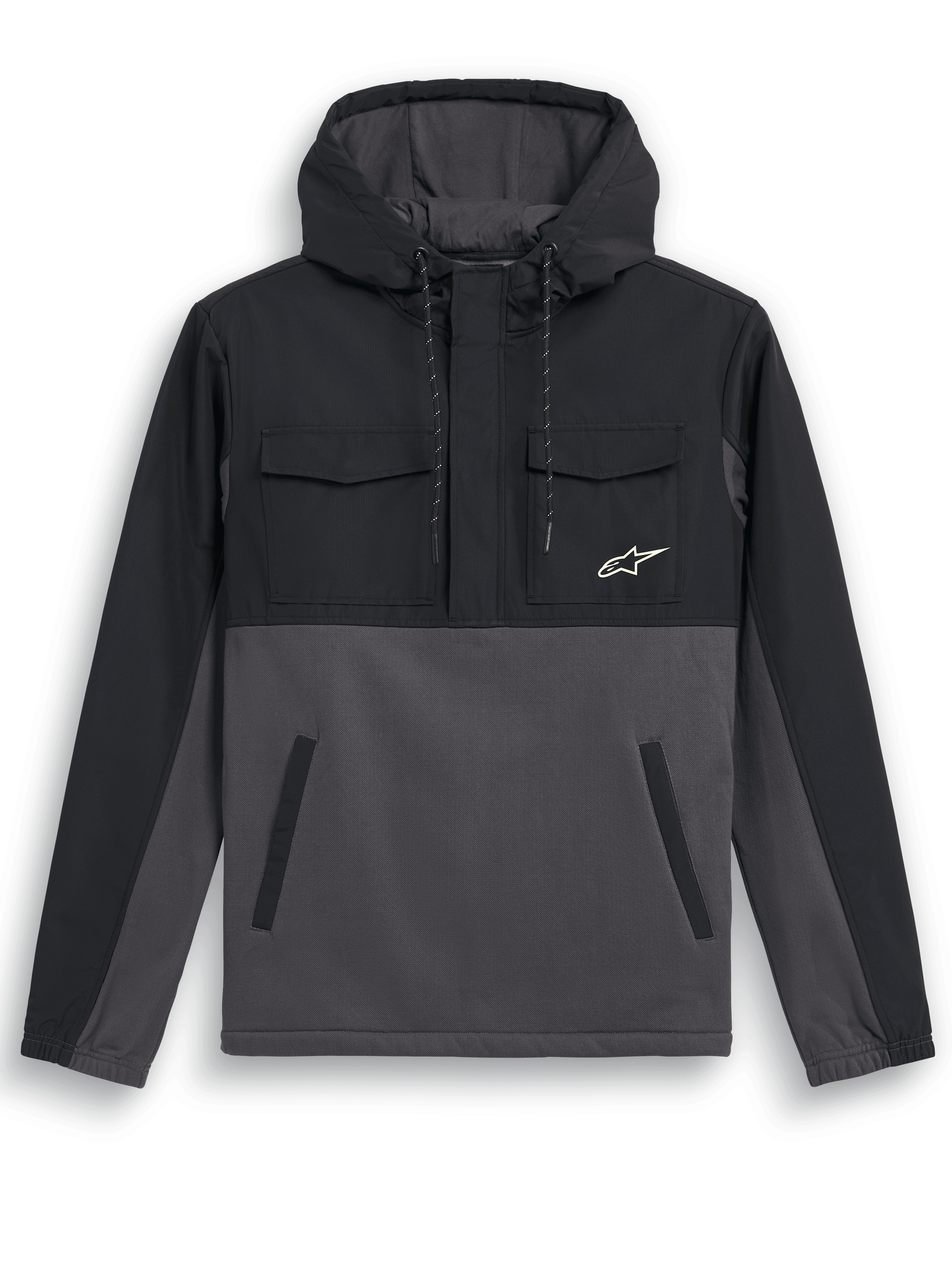 Alpinestars Juncture Hybrid-jacka, anorak-hoodie, Black Gunmetal, design i blandat material med ripstop-överdrag på ok och huva, canvasfleece-kropp, bröstfickor med klaff, nedre handfickor med kant, liten vit stjärnlogotyp, vardaglig motorsport-inspirerad jacka