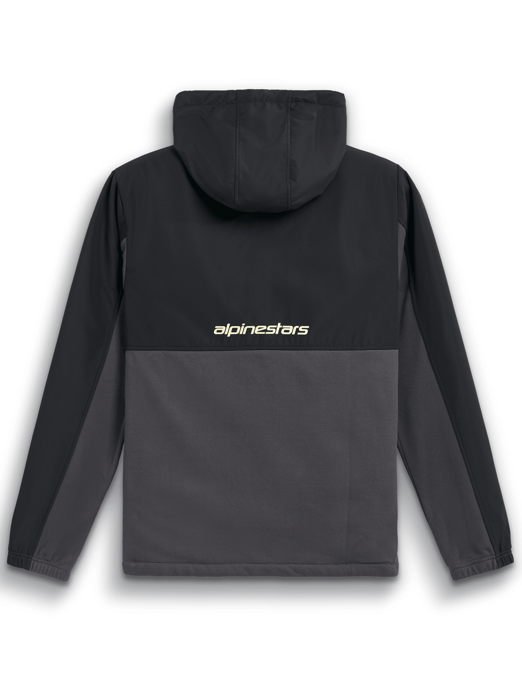 Alpinestars Juncture Hybrid Jacka, baksida, svart och gunmetal, anorak i blandmaterial med ripstop-ok och huva, har 'alpinestars'-logotyp över mitten av ryggen, avslappnad motorsport-streetwear