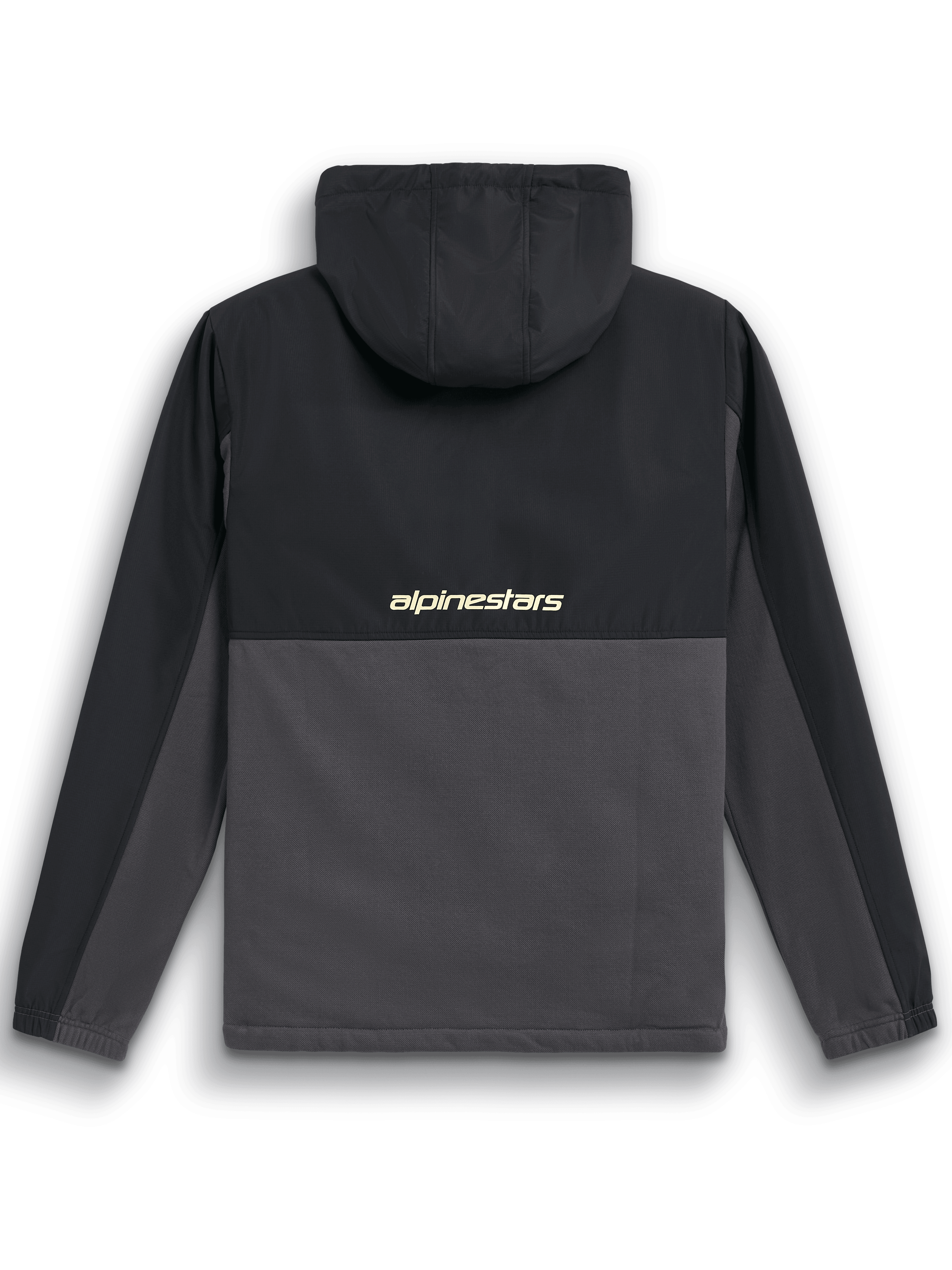 Alpinestars Juncture Hybrid Jacka, baksida, svart och gunmetal, anorak i blandmaterial med ripstop-ok och huva, har 'alpinestars'-logotyp över mitten av ryggen, avslappnad motorsport-streetwear