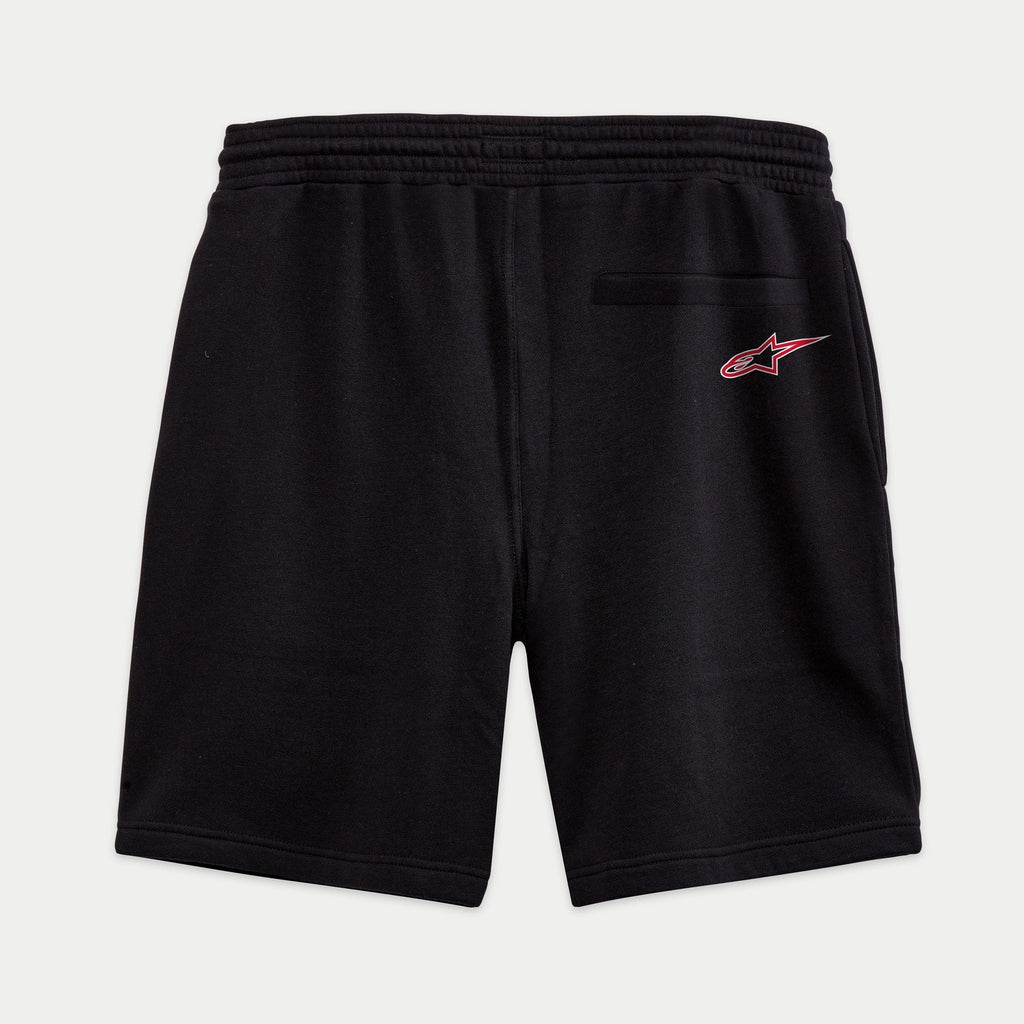 Alpinestars Dunker Short, svarta träningsshorts i fleece sett bakifrån, bakficka med passpoal, röd och vit Ageless-stjärnlogotyp på bakhöften, elastisk midja, bekväm passform