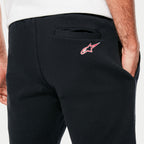 Alpinestars Dunker Short, svarta fleece-träningsshorts, närbild på bakficka med passpoal och rödvit Ageless-logotyp på bakhöften, mjukt och bekvämt material
