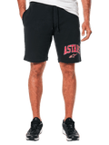 Alpinestars Dunker Short, svarta fleece träningsshorts för herrar, röd och vit ASTARS-logotyp på vänster lår, elastisk midja med dragsko, sidofickor, bekväm sportig design.