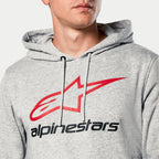 Alpinestars Always V3 Hoodie, gråmelerad, närbild på bröstet med röd stjärnlogotyp och svart Alpinestars-text, jerseyfodrad huva med grå dragsnören, avslappnad motorsport-streetwear