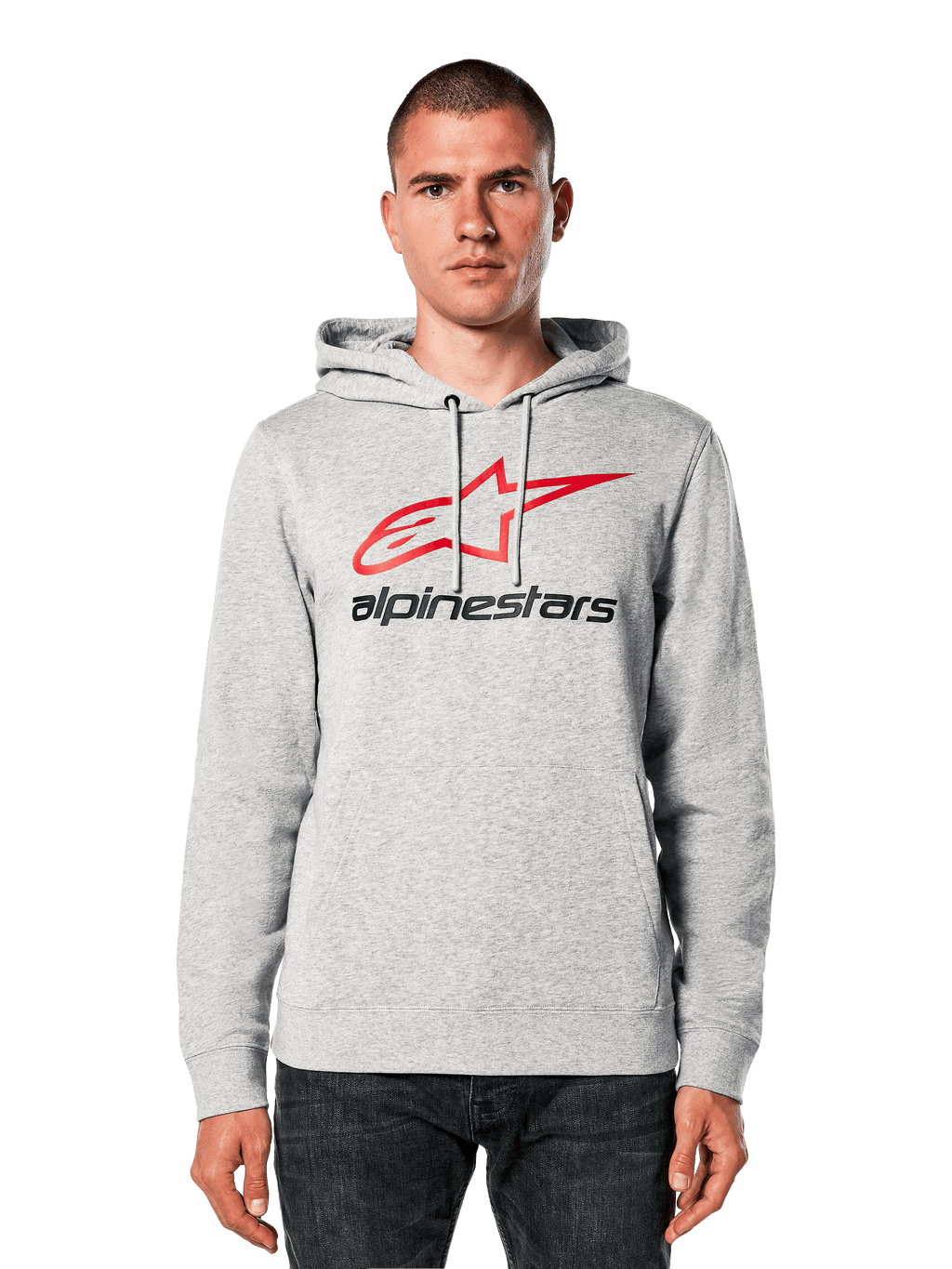 Alpinestars Always V3 Hoodie, ljusgrå melerad med röd och svart stjärnlogotyp, bärs av en modell, vardaglig streetwear, huva med dragsko, känguruficka fram, design med motorsportarv