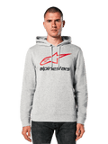 Alpinestars Always V3 Hoodie, ljusgrå melerad med röd och svart stjärnlogotyp, bärs av en modell, vardaglig streetwear, huva med dragsko, känguruficka fram, design med motorsportarv