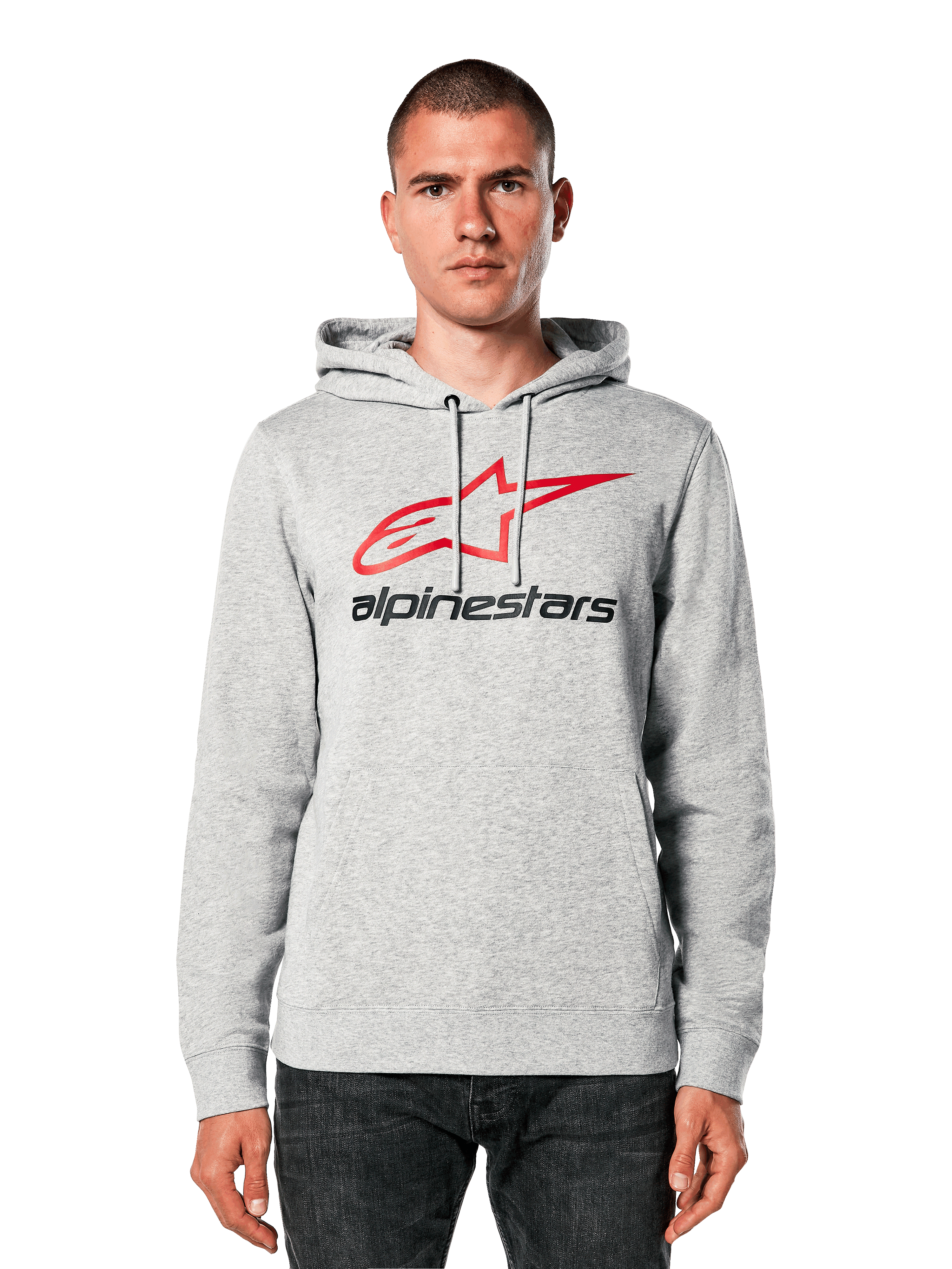 Alpinestars Always V3 Hoodie, ljusgrå melerad med röd och svart stjärnlogotyp, bärs av en modell, vardaglig streetwear, huva med dragsko, känguruficka fram, design med motorsportarv