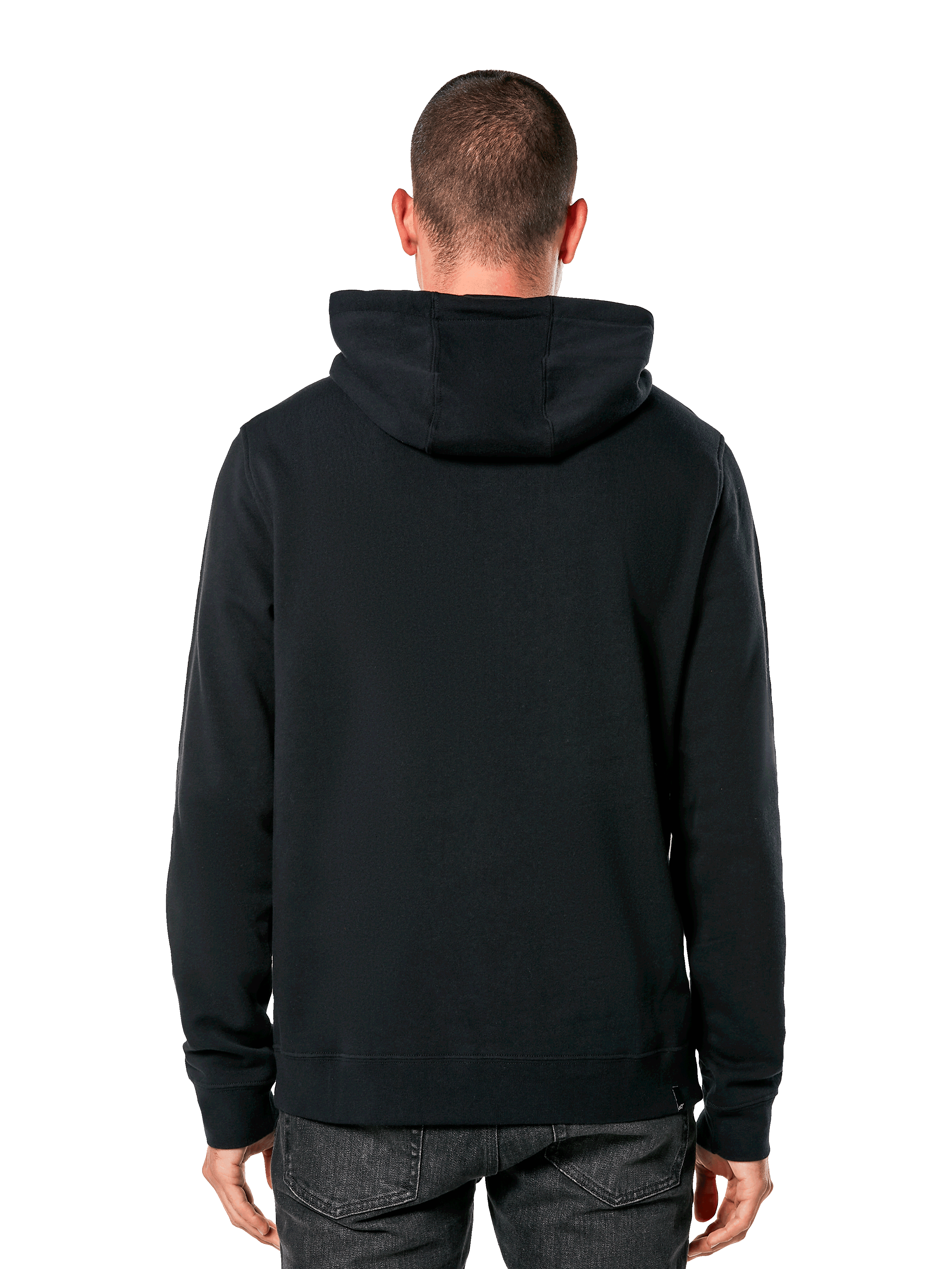 Alpinestars Blaze V3 Hoodie, back view of man wearing black pullover hoodie, ribbed cuffs and hem, jersey-lined hood, casual motorsport-inspired streetwear