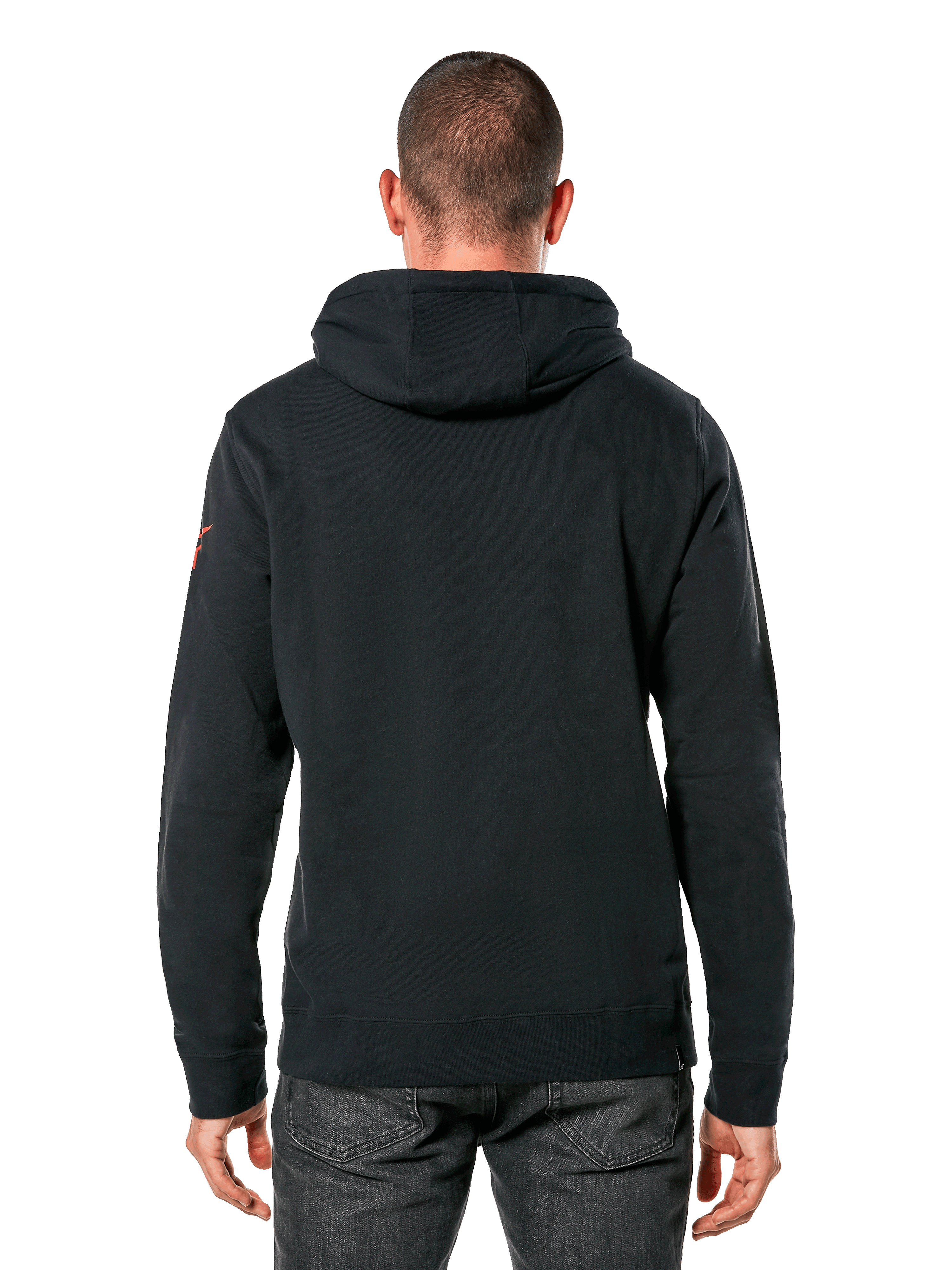 Alpinestars Linear Wordmark V3 Hoodie, casual streetwear, black hooded pullover shown from the back, red sleeve logo, ribbed cuffs and hem, modern motorsport-inspired design