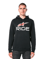 Alpinestars Ride 4.0 Hoodie, Black with Red and White Star Logo and RIDE text, pullover fleece with drawstring hood and front pocket, casual motorsport-inspired apparel