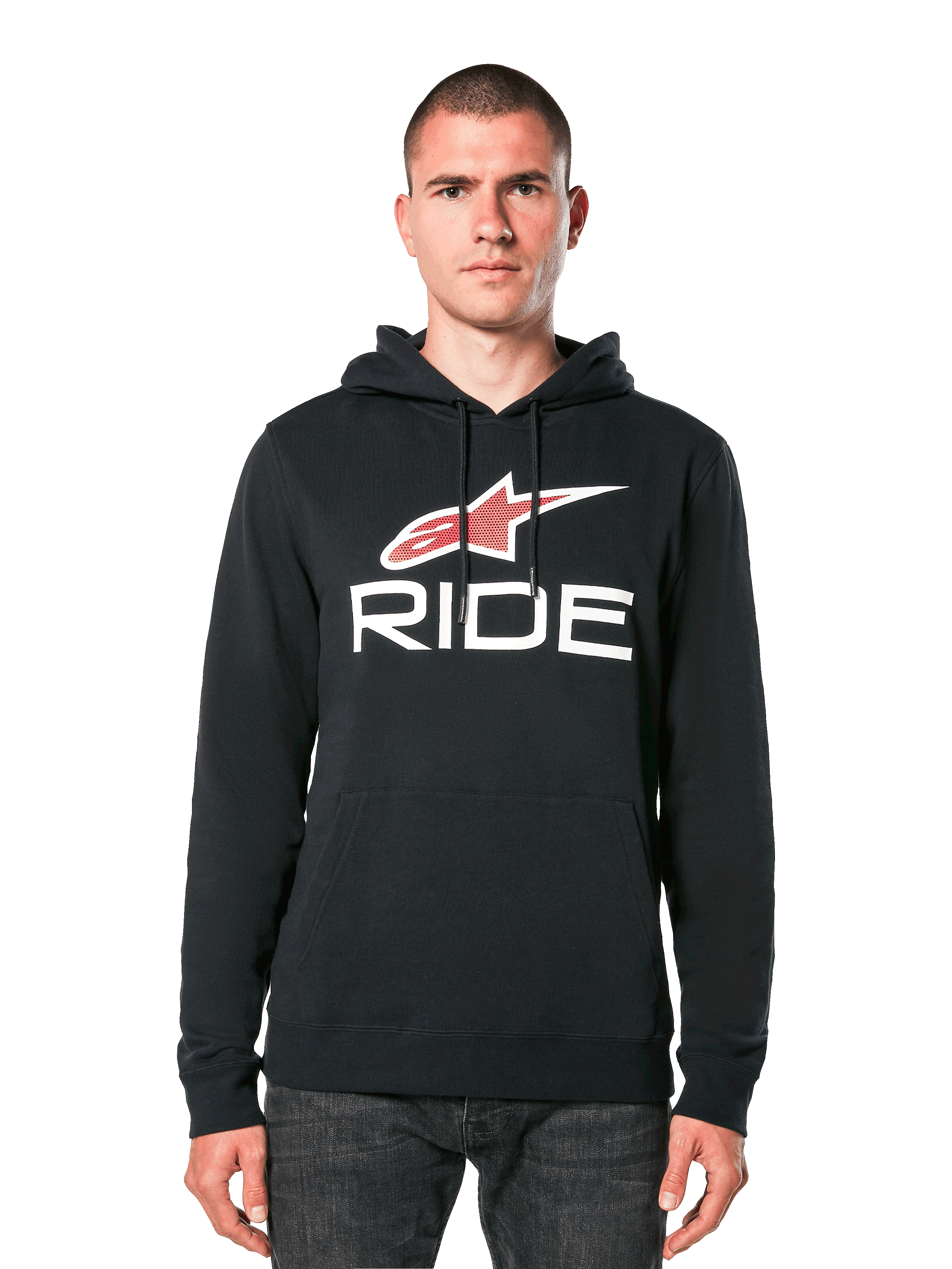 Alpinestars Ride 4.0 Hoodie, svart huvtröja i fleece med röd och vit stjärnlogotyp och RIDE-text, huva med dragsko och framficka, casual motorsport-inspirerade kläder