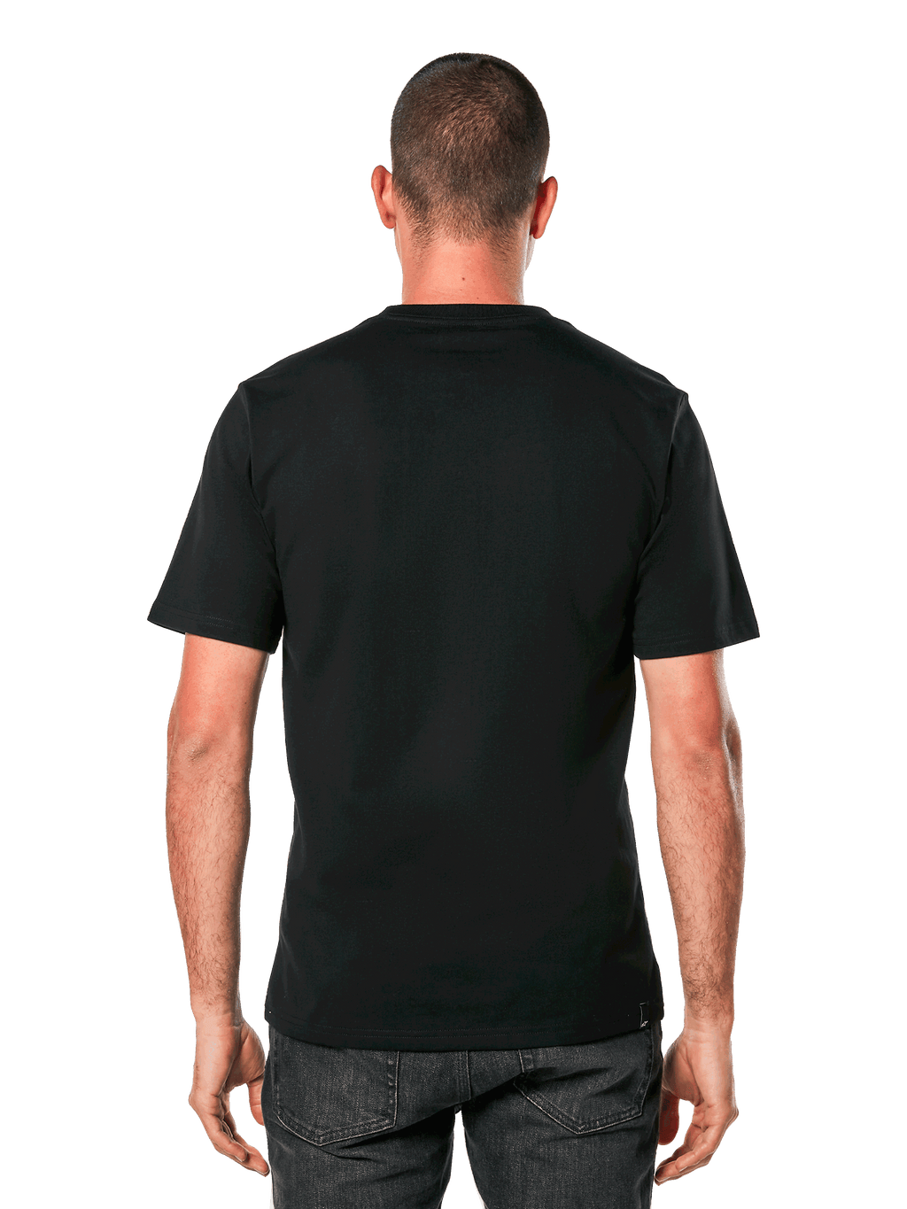 Alpinestars Ageless 2.0 CSF Tee, kortärmad t-shirt, svart, baksida på modell, enkel design med cut and sew-passform, avslappnade motorsport-inspirerade sportkläder