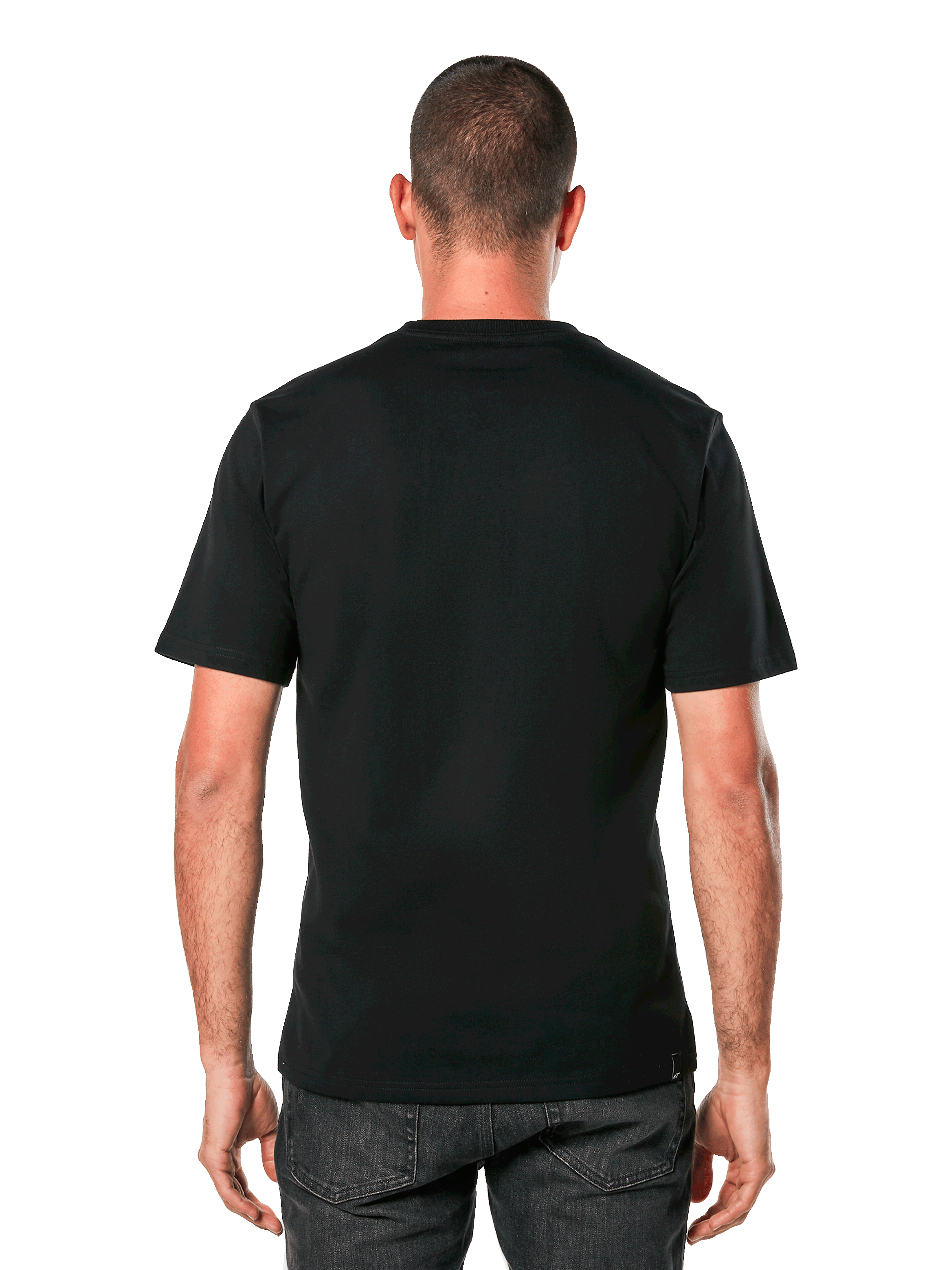 Alpinestars Ageless 2.0 CSF Tee, kortärmad t-shirt, svart, baksida på modell, enkel design med cut and sew-passform, avslappnade motorsport-inspirerade sportkläder