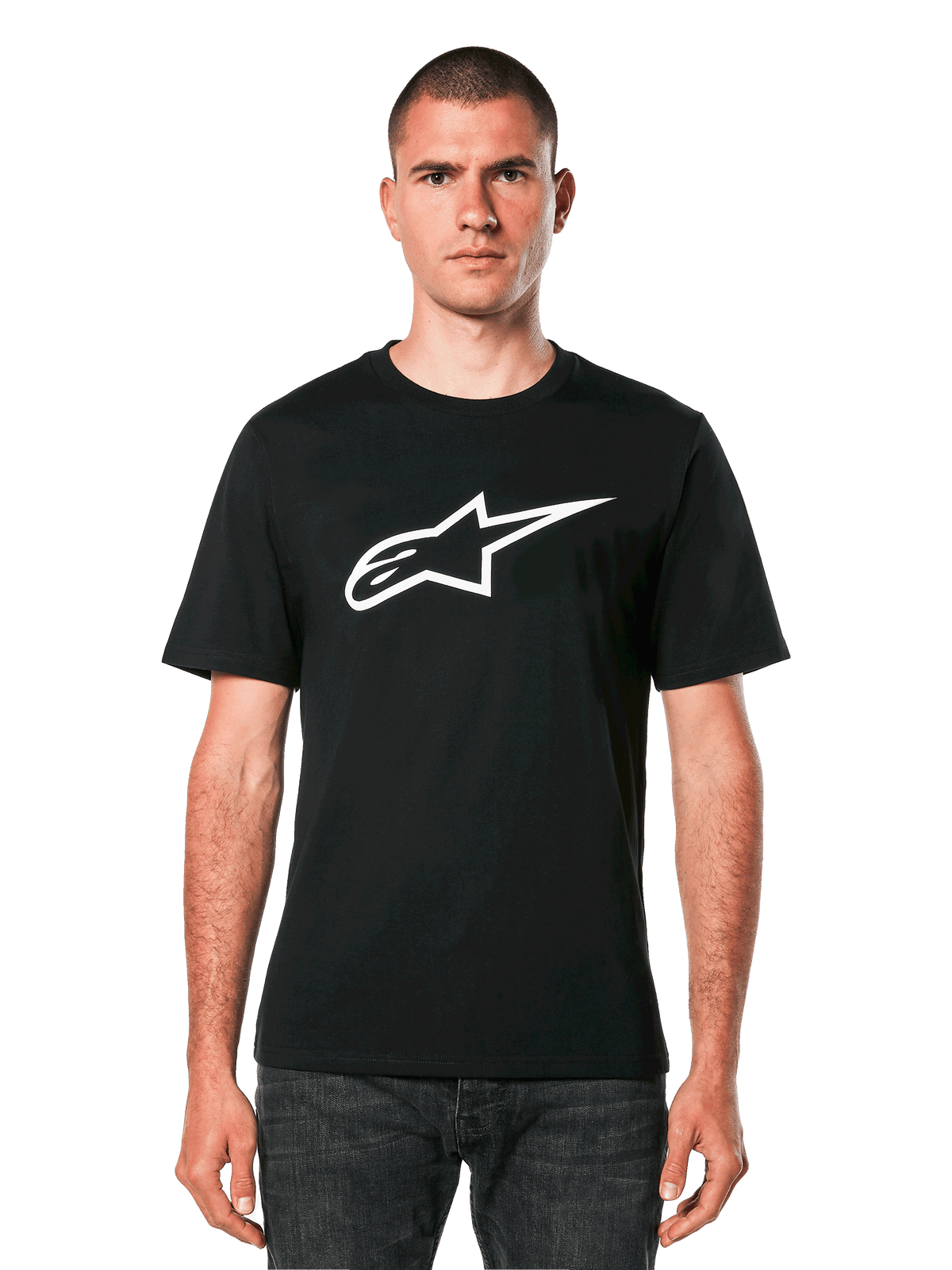 Alpinestars Ageless 2.0 CSF Tee, Black Short Sleeve T-Shirt, White Alpinestars Star Logo, Worn by Model with Dark Jeans, Casual Motorsport Streetwear