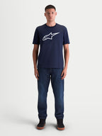 Alpinestars Ageless 2.0 CSF Tee, Casual Sportswear T-shirt, Unisex, Navy Blue and White, Combed Ring-Spun Cotton-Poly Blend, featuring a large front Ageless logo graphic on-model.