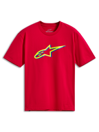 Alpinestars Ageless Shadow CSF Tee, kortärmad t-shirt, röd, med en gul och blå Ageless-logotyp i flera lager på bröstet, avslappnad motorsport-streetwear