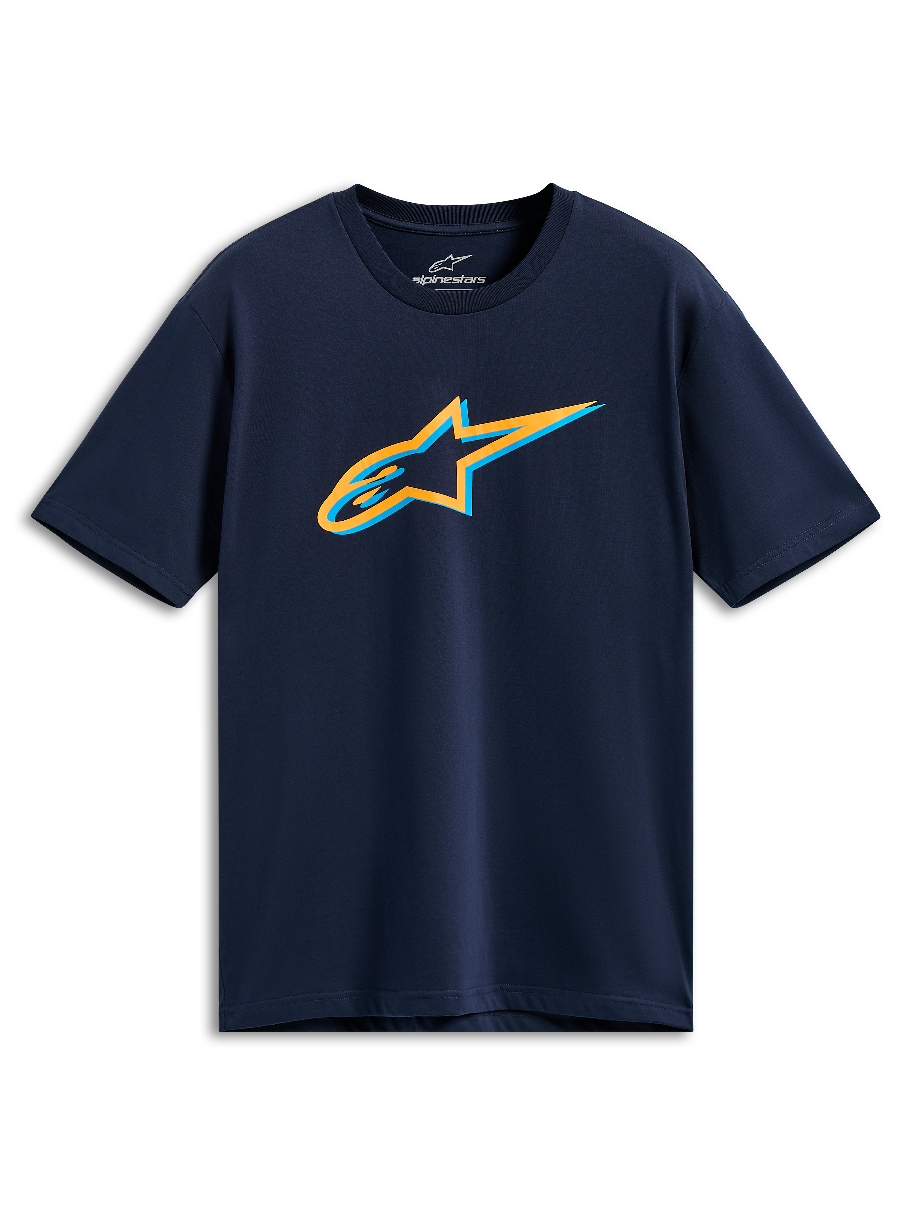 Alpinestars Ageless Shadow CSF Tee, Short Sleeve T-Shirt, Navy Blue, Orange and Light Blue Ageless Shadow Logo on chest, Casual Sportswear