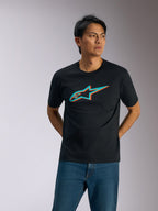 Alpinestars Ageless Shadow CSF Tee, Short Sleeve T-Shirt, Black with Turquoise and Orange Shadow Logo, worn by a man with blue jeans, Casual Motorsport Streetwear