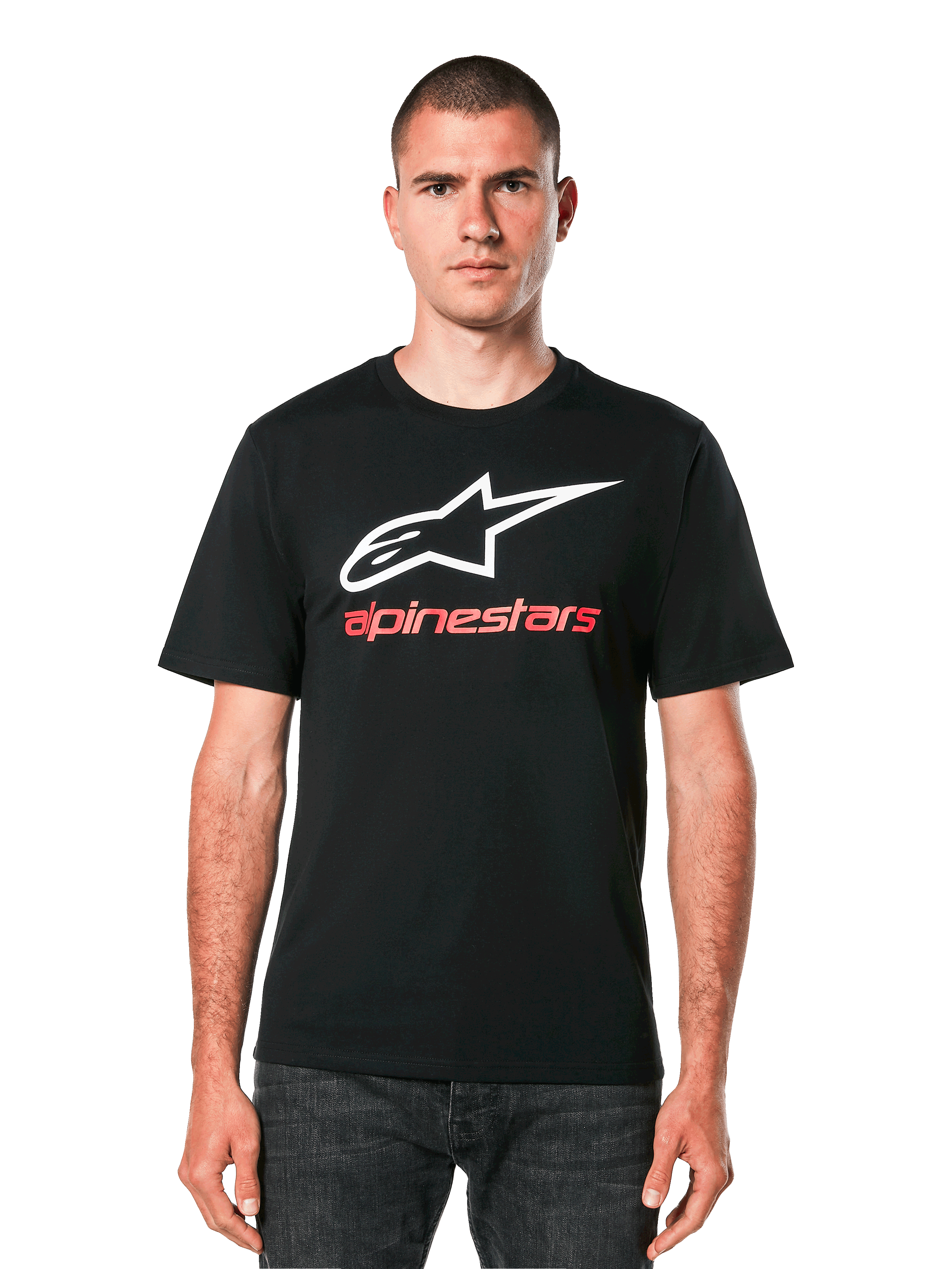 Alpinestars Always 2.0 CSF Tee, kortärmad t-shirt, svart, vit stjärnlogotyp med röd Alpinestars-text, casual motorsport-streetwear
