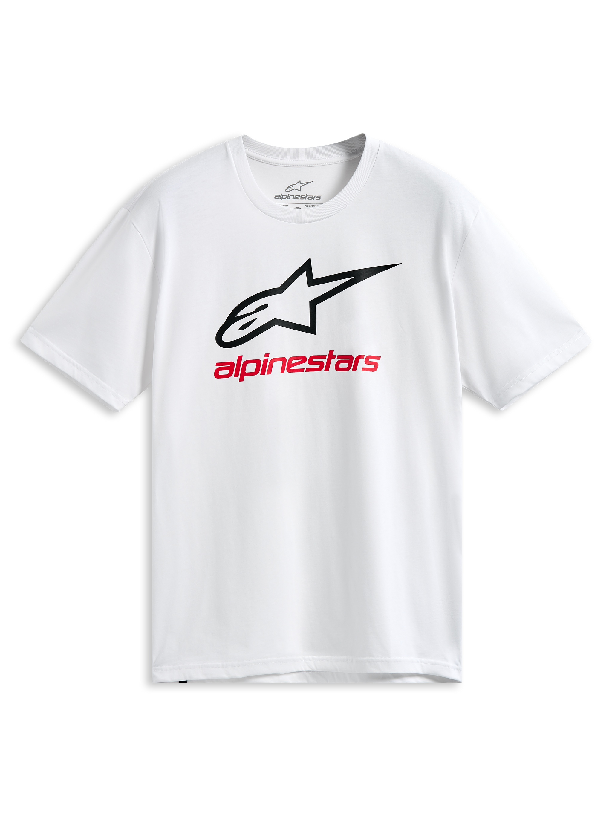 Alpinestars Always 2.0 CSF Tee, kortärmad T-shirt, vit, svart konturerad Astars-logotyp och röd Alpinestars-grafik, vardagliga motorsportkläder